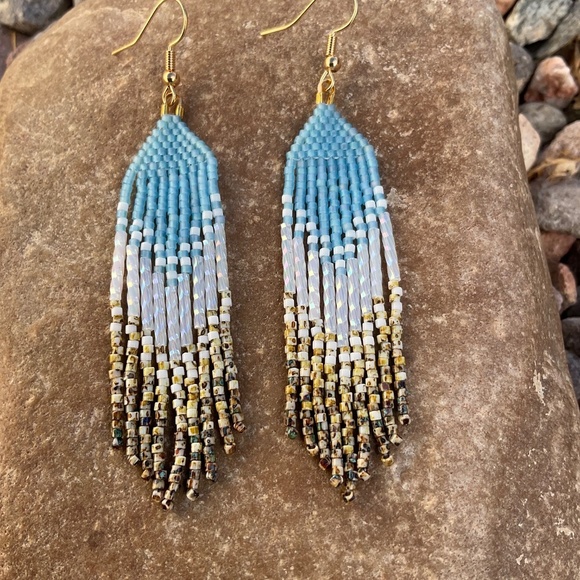 Sky Blue Beaded Earrings with Picasso Fringe, New, Handmade by Me - Picture 5 of 7